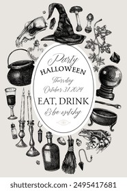 Witch party invitation design. Boho witchcraft frame, banner, flyer. Vinatge Halloween sketches. Hand-drawn vector illustration. NOT AI generated