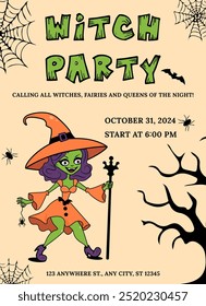  Witch party invitation for Halloween, with cartoon green witch in a purple hat, spiders, cobwebs, and spooky elements. Scary party poster or flyer. Vector design for advertising banner, printable.