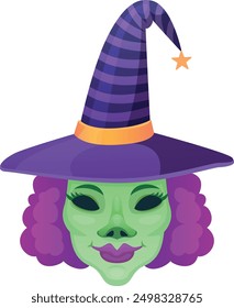 Witch party mask. Cartoon scary costume head isolated on white background