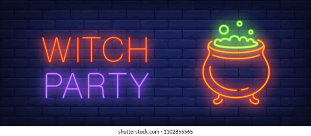 Witch party neon style banner. Caldron with boiling potionon brick background. Witchcraft, Halloween party, night event. Can be used for poster, street wall sign, web design