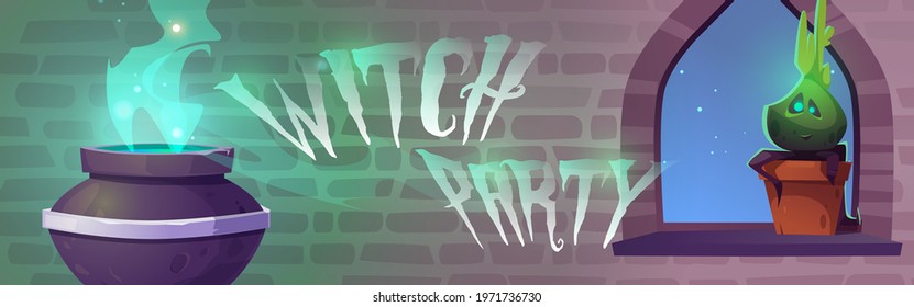 Witch party poster with magic potion boiling in cauldron and cute plant in pot. Invitation to Halloween party. Vector cartoon interior of wizard or sorceress room in medieval castle or stone house