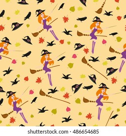 Witch pattern color witch. Cartoon Witch pattern  with black crows, broom, witch hat, witch, autumn leaves for children, for wallpaper, wrapping paper,  fabric.