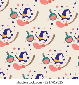 Witch pattern Delicate magic magic pattern. Halloween background on broom, potion bottle and stick