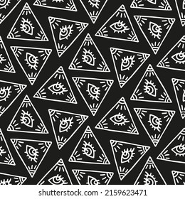 Witch pattern with magic eye symbol in pyramid on dark background. Abstract seamless esoteric black and white wallpaper for amulet from evil eye, souvenir product. Hand drawn texture with divine gaze.