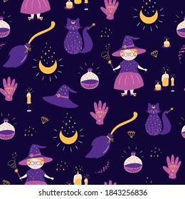Witch pattern Magic seamless pattern. Halloween background in doodle Witches cat, broom, potion bottle, hat, hand