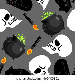 Witch pattern magical pot and skull, Black cat and candle for spells ornament. Halloween Background