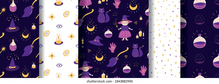 Witch pattern set Magic collection seamless patterns Halloween background Witchcraft paper Cute kids mystery prints kit. Witch, cat, broom, potion bottle, hat, moon. Witchcraft vector illustration.