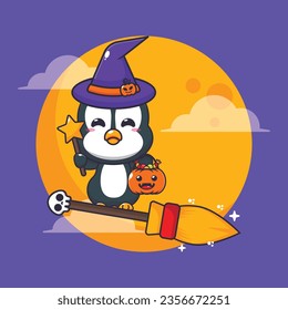 Witch penguin fly with broom in halloween night. Cute halloween cartoon illustration.