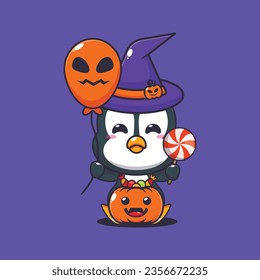 Witch penguin holding halloween balloon and candy. Cute halloween cartoon illustration. 