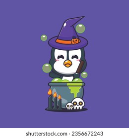 Witch penguin making potion in halloween day. Cute halloween cartoon illustration. 