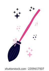 Witch pink broom cartoon style vector illustration. Halloween witch broom