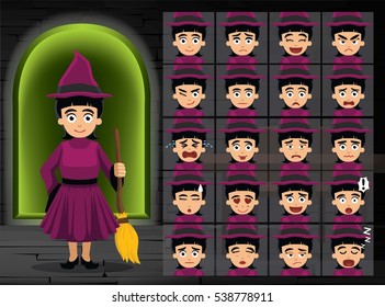 Witch Pink Dress Girl Cartoon Emotion Faces Vector Illustration