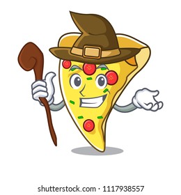 Witch pizza slice mascot cartoon