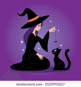 witch playing with black cat, illustration, on gradient background in purple tones