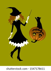 witch playing with the cat on the pumpkin