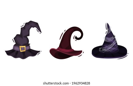 Witch Pointed Hat with Belt and Wide Brim Vector Set