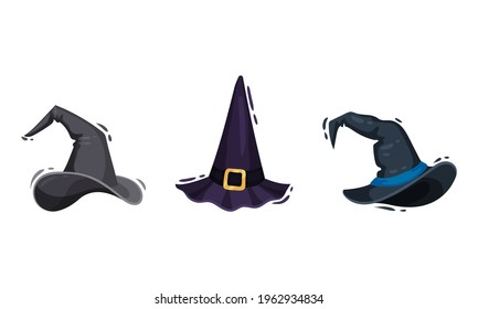 Witch Pointed Hat with Belt and Wide Brim Vector Set