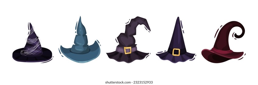 Witch Pointed Hat with Belt and Wide Brim Vector Set