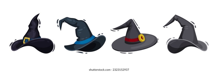 Witch Pointed Hat with Belt and Wide Brim Vector Set