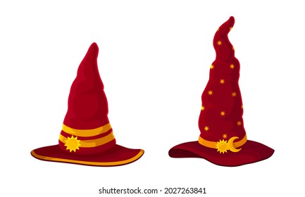 Witch Pointed Hat with Buckle and Wide Brim Vector Set