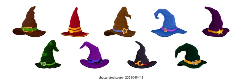 Witch Pointed Hat with Buckle and Wide Brim Vector Set