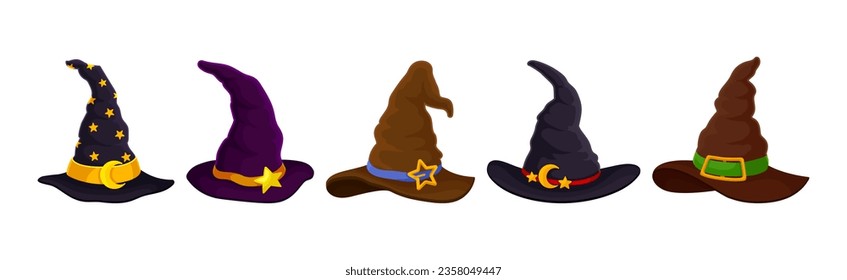 Witch Pointed Hat with Buckle and Wide Brim Vector Set