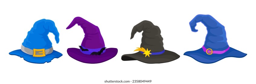 Witch Pointed Hat with Buckle and Wide Brim Vector Set