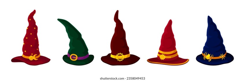 Witch Pointed Hat with Buckle and Wide Brim Vector Set