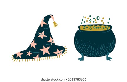 Witch Pointed Hat and Cauldron with Boiling Potion as Witchcraft Object for Spells and Performing Magical Rituals Vector Set