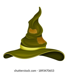 Witch Pointed Hat Covered with Patches with Ribbon and Wide Brim Vector Illustration