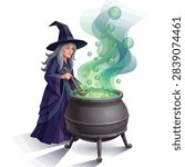 A witch in a pointed hat and purple robes stirs a large cauldron filled with a green, bubbling potion emitting smoke.