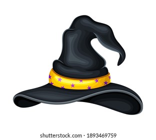 Witch Pointed Hat with Strap and Wide Brim Vector Illustration