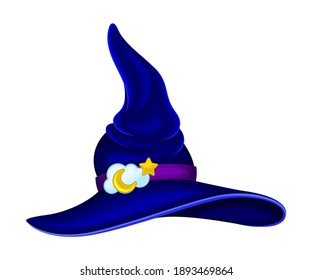 Witch Pointed Hat with Strap and Wide Brim Vector Illustration