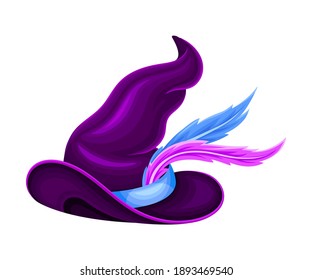 Witch Pointed Hat with Wide Brim and Strap Decorated with Feathers Vector Illustration