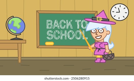 Witch pointing pointer stick at school board with inscription back to school. Vector Illustration