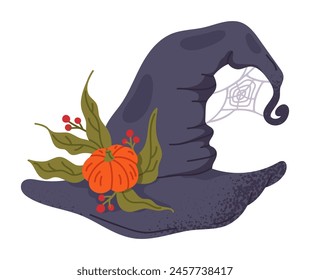 Witch pointy hat. Halloween october party magician costume element, spooky wizard pumpkin decorated hat flat vector illustration. Cute magician hat on white