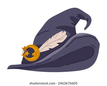 Witch pointy hat. Halloween wizard hat decorated with moon buckle and feather, trick or treat october party magic costume element flat vector illustration. Hand drawn magician hat