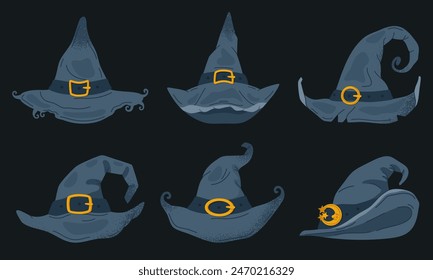 Witch pointy hats. Wizard hats with golden buckles, Halloween trick or treat october party magic costume elements flat vector illustration set. Spooky magician hats