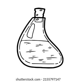 Esquema vectorial de botella de veneno para brujas, fiola para magia, hacer poción, doodle simple dibujado a mano, ilustración en blanco y negro para celebración de halloween