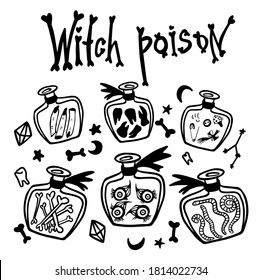 Witch poison. Hand drawn, doodle, sketch magician collection. Witchcraft mystery symbols: bottle, poison, cat, snake. Perfect for stickers, cards, print design. Decorative element for Halloween