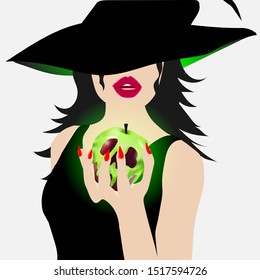 Witch and a poisoned apple. Halloween. Vector art