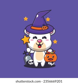 Witch polar bear in halloween day. Cute halloween cartoon illustration. 