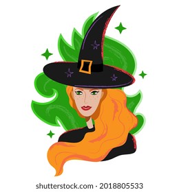 Witch portrait in black hat and red hair. Halloween red witch avatar in cartoon flat style. Magican red-haired character portrait isolated on white