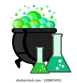 Witch pot of boiling green magic potion and test tubes for Halloween, vector illustration, eps 10