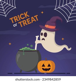 Witch pot with boiling magic potion stirring creepy ghost character. Happy Halloween trick or treat concept. Midnight and cobweb background