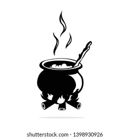 Witch pot cauldron in fire icon. Vector concept illustration for design.