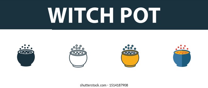 Witch Pot icon set. Premium simple element in different styles from halloween icons collection. Set of witch pot icon in filled, outline, colored and flat symbols concept.