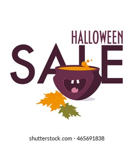 A witch pot with a magic pumpkin potion/brew in. Cauldron for Halloween. Vector illustration of a pot with maple leaves and text for Halloween sale on background. HALLOWEEN SALE banner.