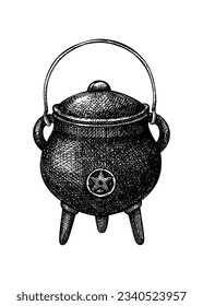 Witch pot with magic symbol sketch. Vintage pan drawing for witchcraft, alchemy. Cooking utensils ink vector illustration isolated on white background. Hand-drawn Halloween design element