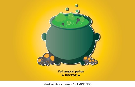 Witch Pot with magical potion and bones accessory on yellow background,Happy Halloween witch pot icon design.